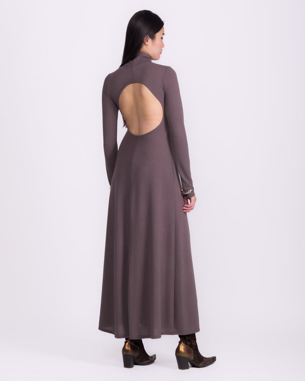 Women clothing autumn wool textured knit long grey backless dress with long sleeve, high-neck dress