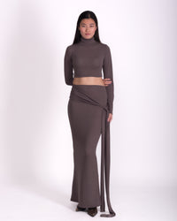 Women clothing autumn  wool textured knit long grey  two piece  high-neck model, with long sleeve, sarong attached, minimalist dress