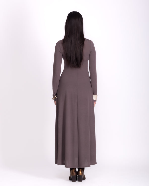 Women clothing autumn wool textured Knit long grey dress with long sleeve, high-neck dress, minimalist burgundy dress