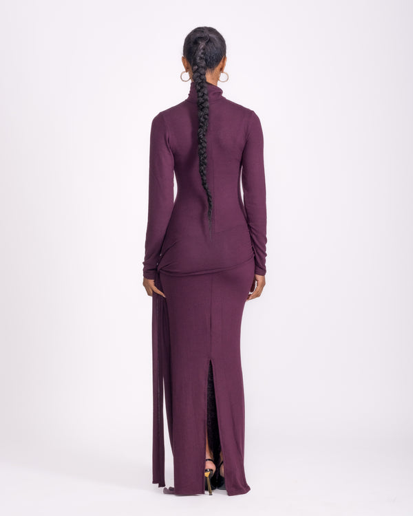 Women clothing autumn wool textured knit long burgundy high-neck model, with long Sleeve, sarong attached, minimalist dress