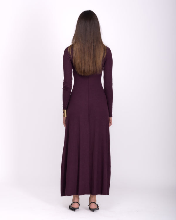 Women clothing autumn wool textured Knit long Burgundy dress with long sleeve, high-neck dress, minimalist burgundy dress