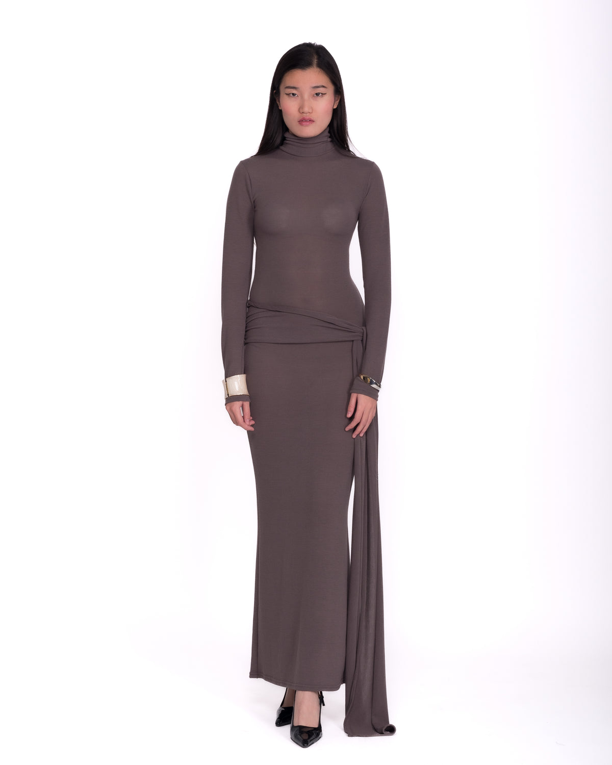 Women clothing autumn  wool textured knit long grey high-neck model, with long sleeve, sarong attached, minimalist dress