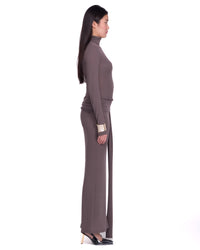 Women clothing autumn  wool textured knit long grey high-neck model, with long sleeve, sarong attached, minimalist dress