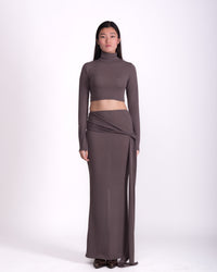 Women clothing autumn  wool textured knit long grey  two piece  high-neck model, with long sleeve, sarong attached, minimalist dress