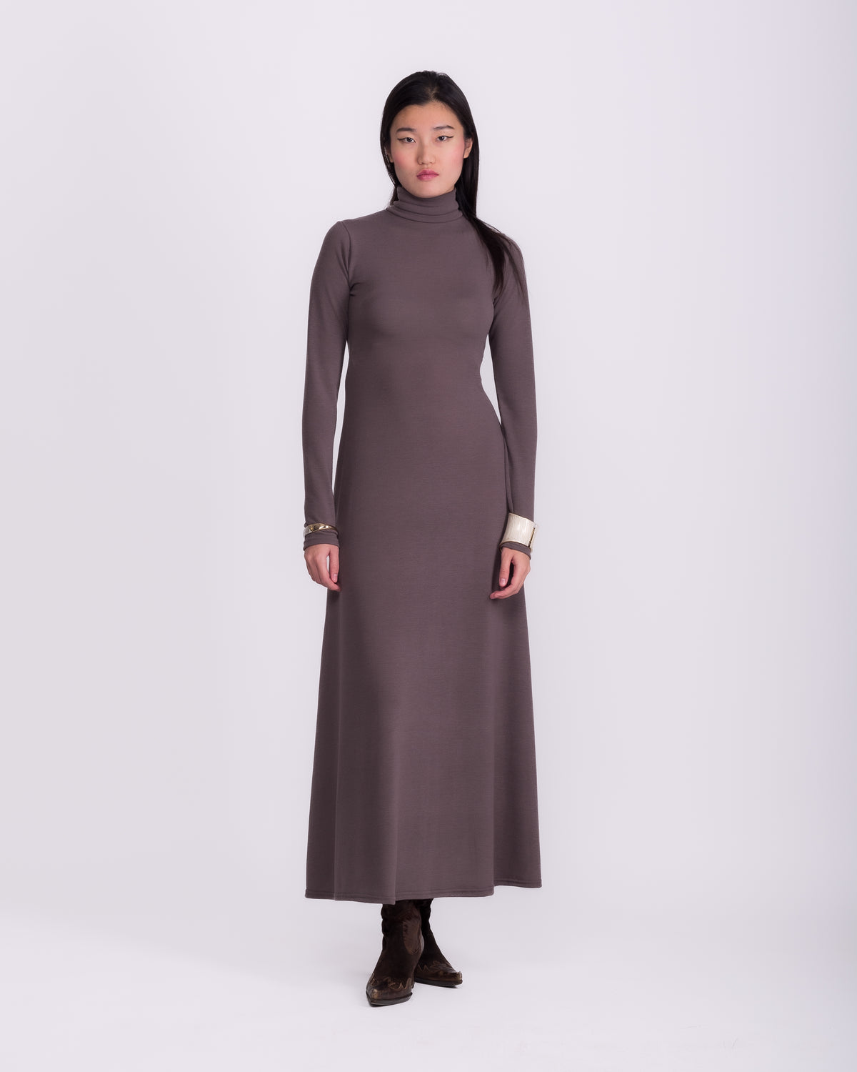 Women clothing autumn  wool textured Knit long grey dress with long sleeve, high-neck dress, minimalist burgundy  dress