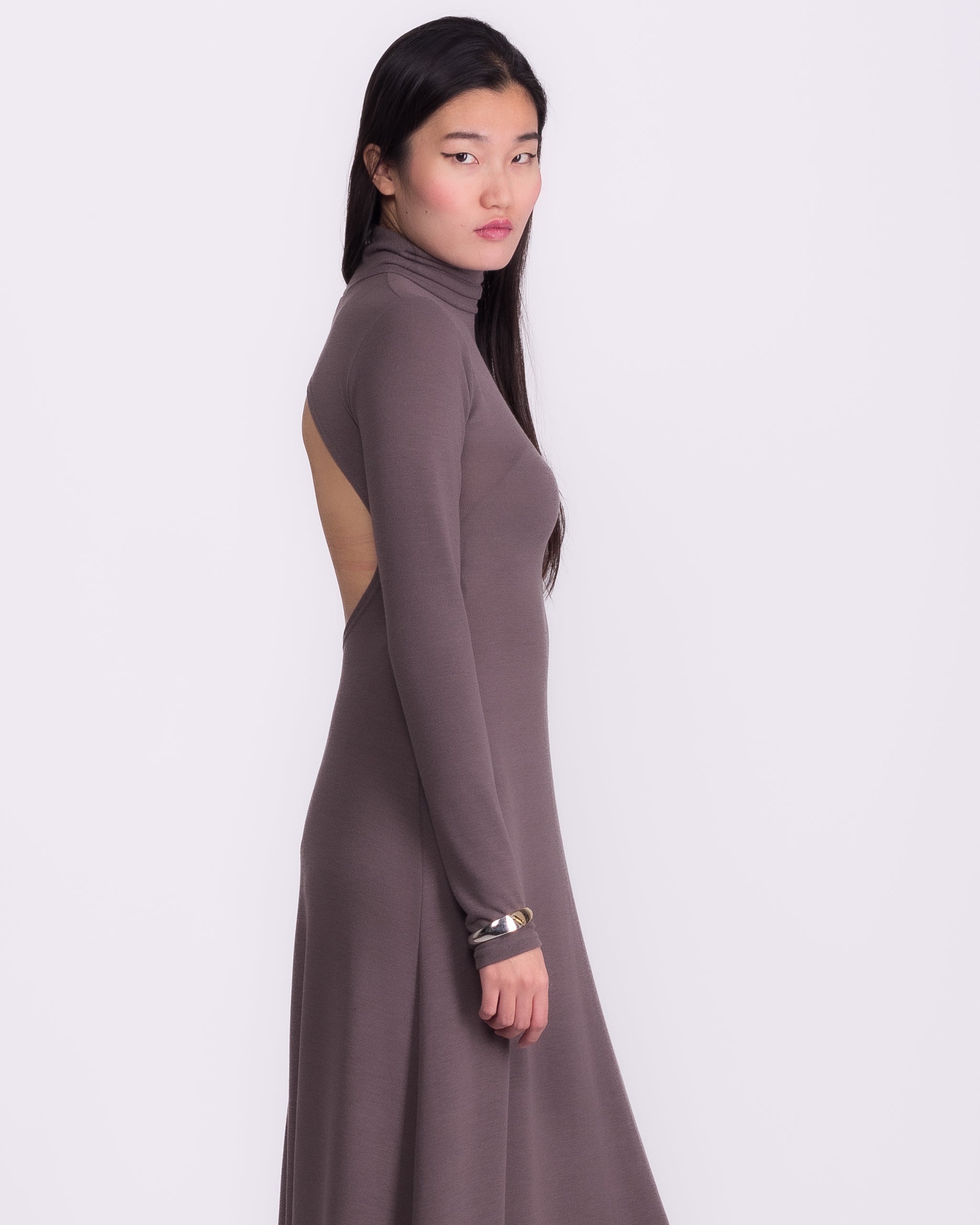 Women clothing autumn wool textured knit long grey backless