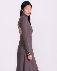 Women clothing autumn  wool textured knit long grey backless dress with long sleeve, high-neck dress