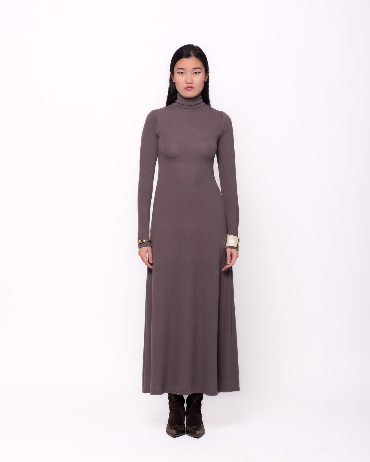 Women clothing autumn  wool textured knit long grey backless dress with long sleeve, high-neck dress