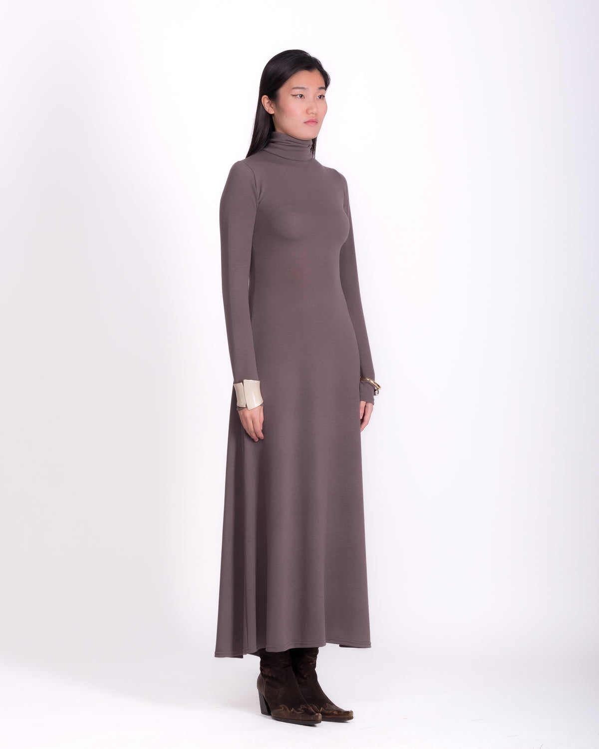 Women clothing autumn  wool textured Knit long grey dress with long sleeve, high-neck dress, minimalist burgundy  dress