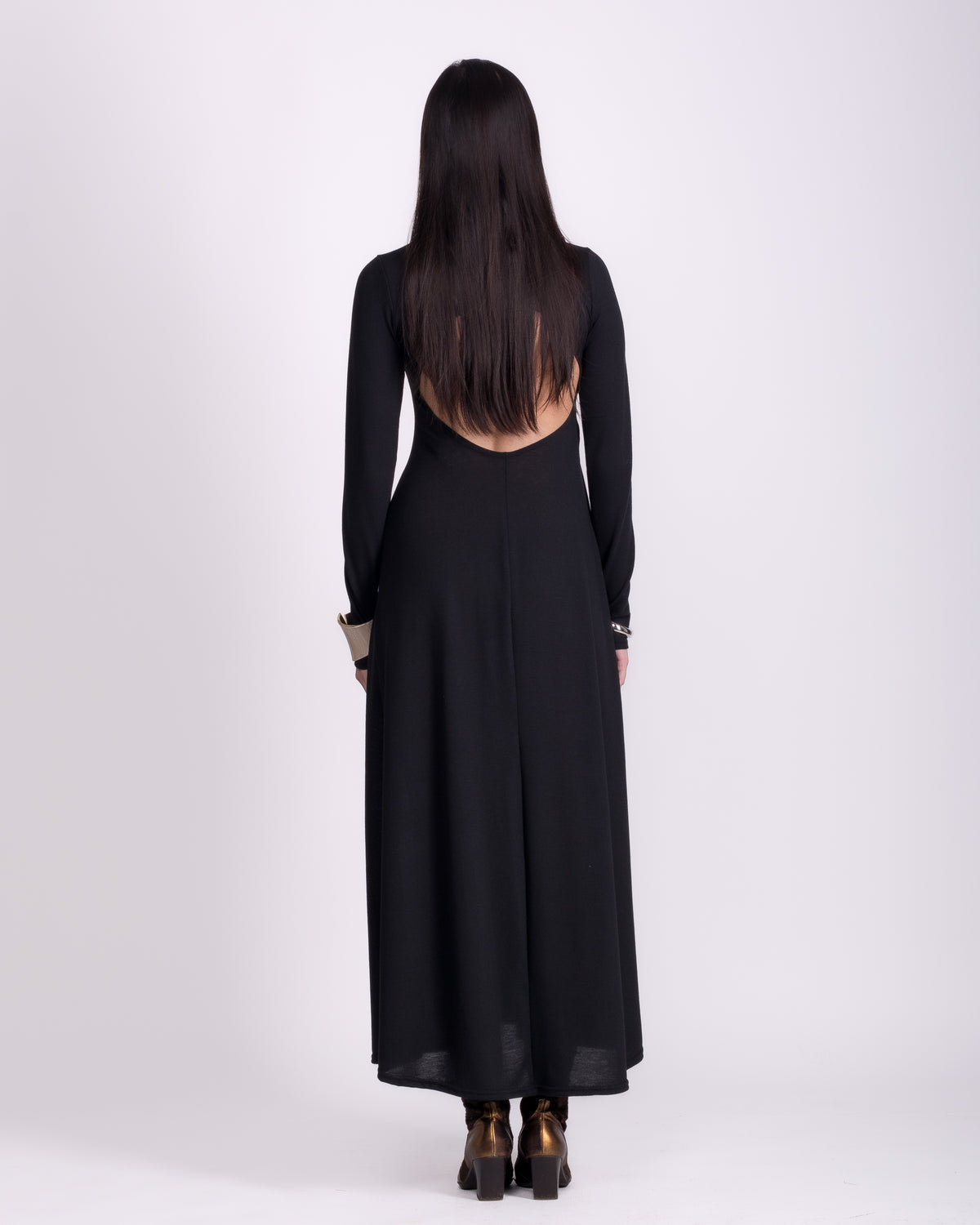 Women clothing autumn  wool textured knit long  black backless dress with long sleeve, High-neck dress