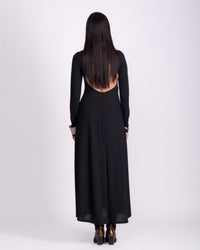 Women clothing autumn  wool textured knit long  black backless dress with long sleeve, High-neck dress