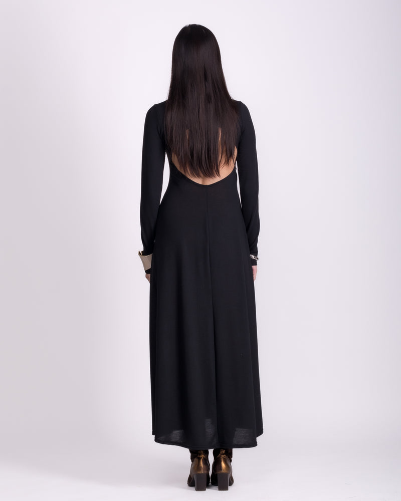 Women clothing autumn  wool textured knit long  black backless dress with long sleeve, High-neck dress