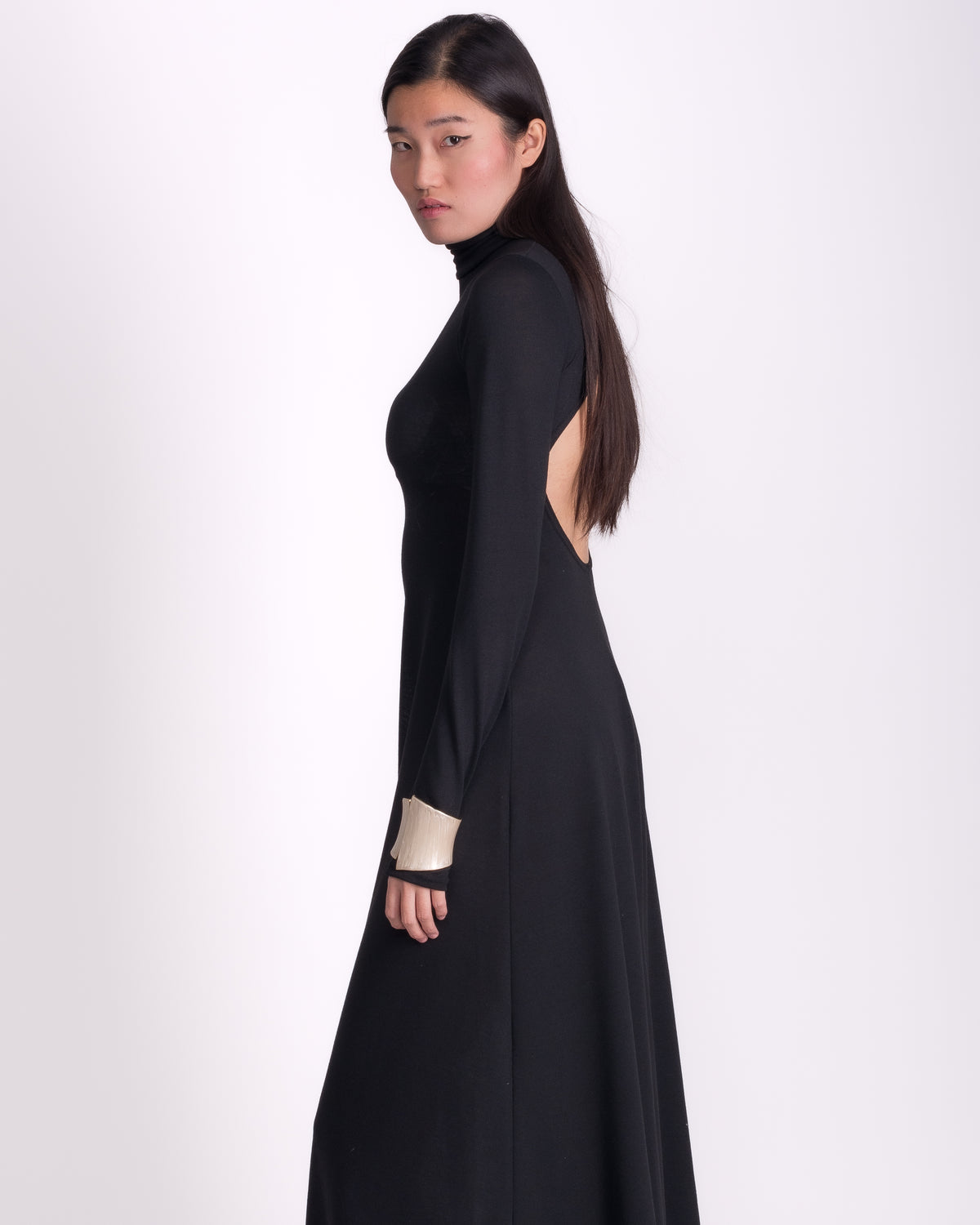 Women clothing autumn  wool textured knit long  black backless dress with long sleeve, High-neck dress