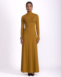 Women clothing autumn  wool textured knit long color mustard dress with long sleeve, high-neck dress