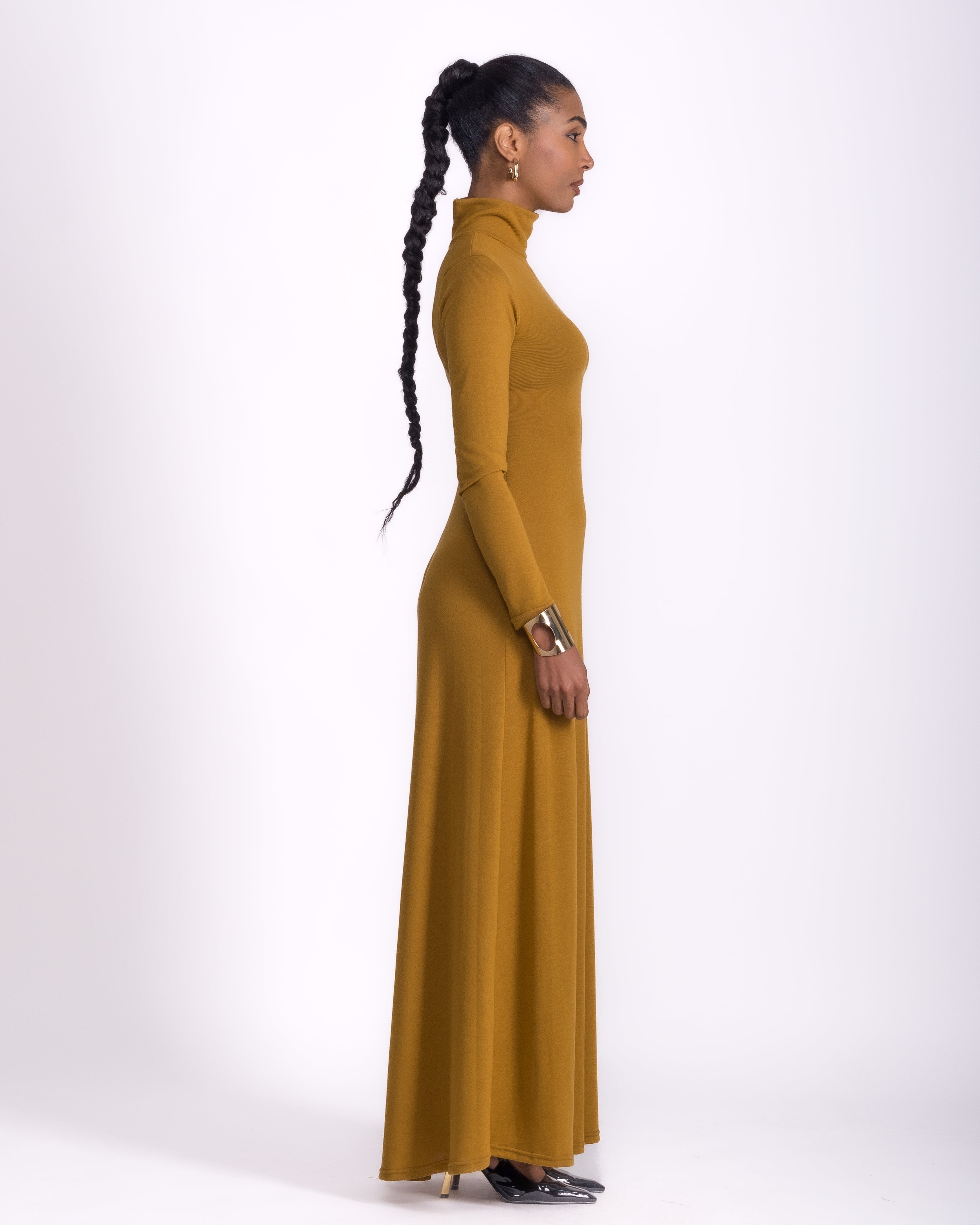 Women clothing autumn wool textured knit long color mustard