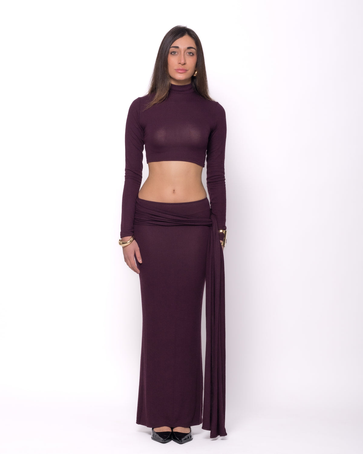 Women clothing autumn  wool textured knit long burgundy  two piece  high-neck model, with long sleeve, sarong attached, minimalist dress