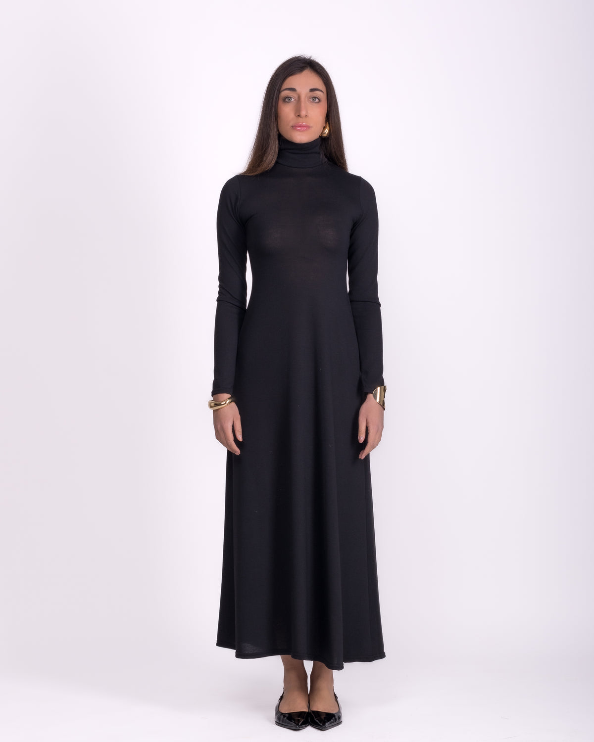 Women clothing autumn wool textured knit black long dress with long sleeve, high-neck dress, minimalist white dress