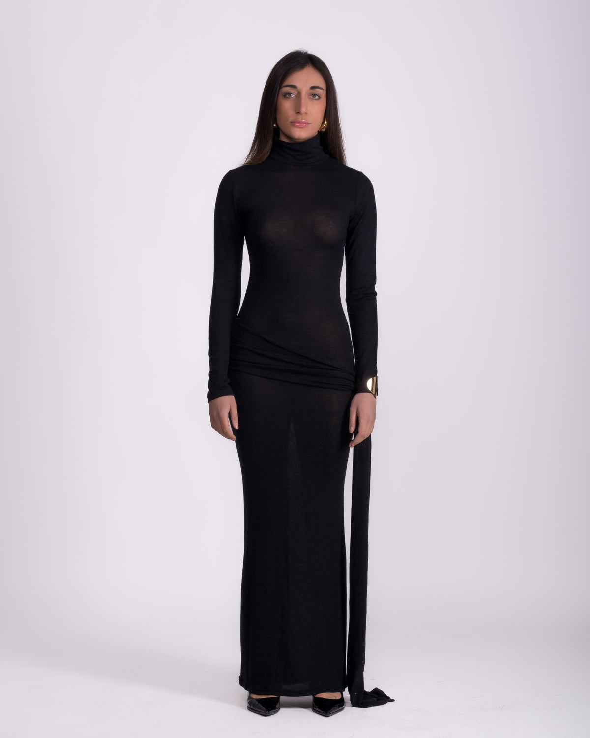 Women clothing autumn  wool textured knit long black  high-neck model, with long sleeve, waist sarong attached, minimalist dress