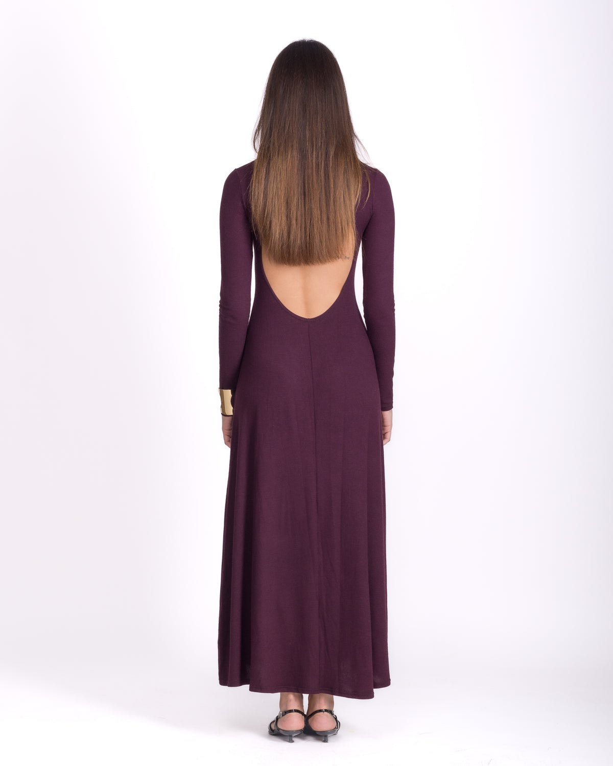 Women clothing autumn  wool textured knit long burgundy backless dress with long sleeve, high-neck dress