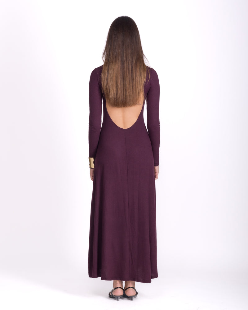 Women clothing autumn  wool textured knit long burgundy backless dress with long sleeve, high-neck dress