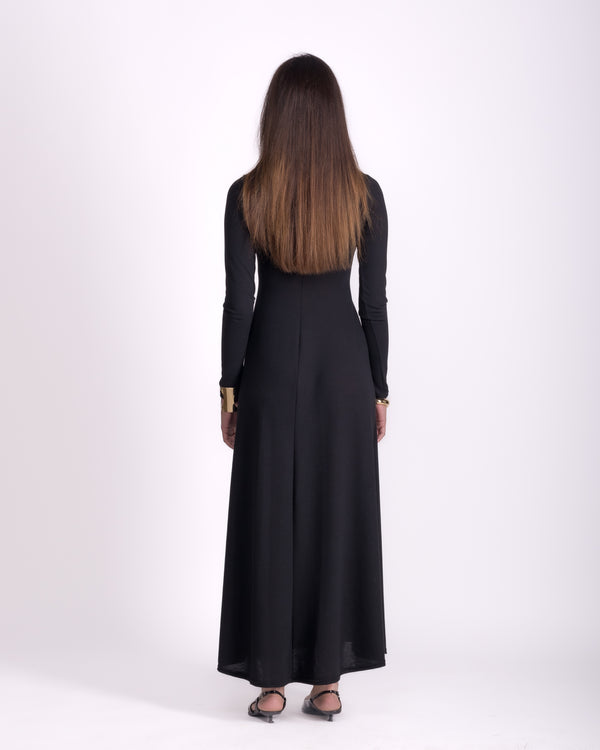 Women clothing autumn wool textured knit black long dress with long sleeve, high-neck dress, minimalist white dress